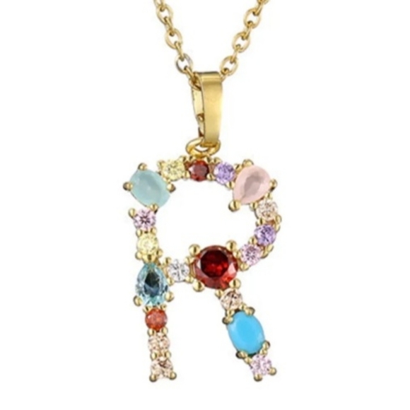 R Letter Pendant Necklace Rhinestones Gold Tone Chain - Picture 1 of 16